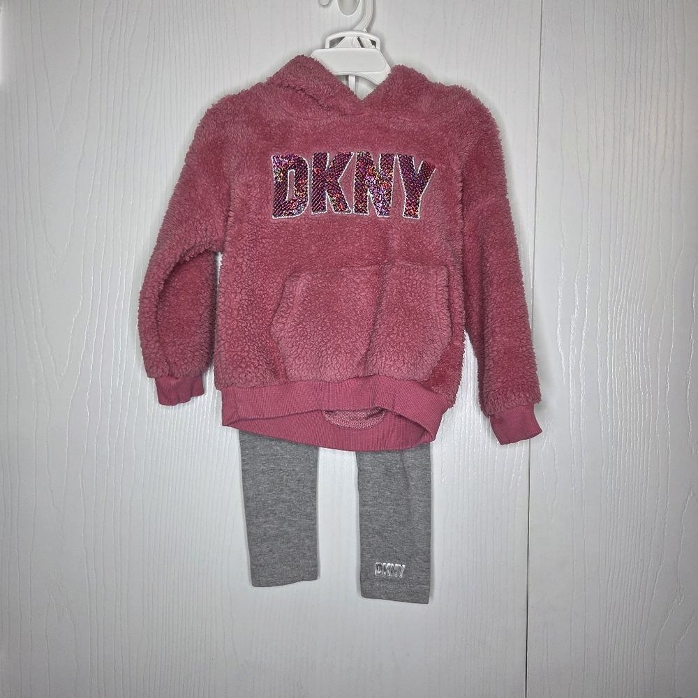 DKNY Toddler Girls Pink Hoodie & Gray Leggings 2 Piece Outfit Set Size 2T